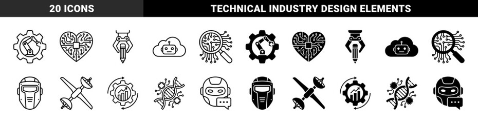 Fototapeta premium Black and White Minimalist Hybrid Icons Merging Industrial Robotics with Organic Biology and Digital Communication in Outline and Solid Styles