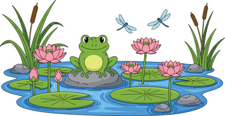 Fototapeta premium Cute frog sitting on lily pad pond with lotus flowers dragonflies nature flat vector illustration