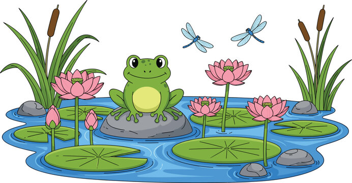 Cute frog sitting on lily pad pond with lotus flowers dragonflies nature flat vector illustration