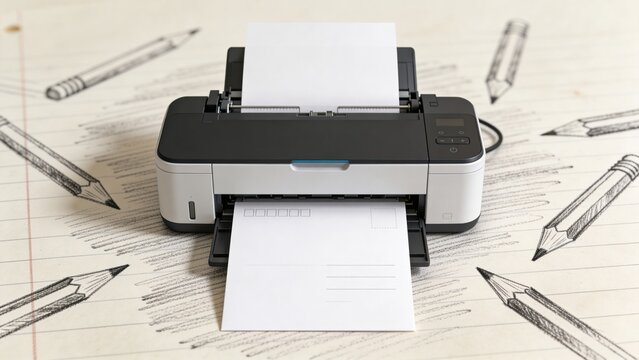 A black printer is printing a sheet of paper on a wooden desk. Surrounding it are various pencils and sketches, creating a workspace atmosphere.