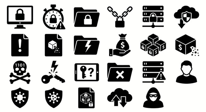 Solid black icons for ransomware attacks and digital extortion. Locked screens, corrupted files, and ransom payment symbols collection. Vector illustration for cybersecurity apps, hacking strategy gam