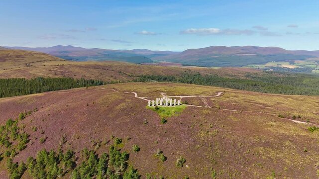 Vibrant Summer Landscape of Scottish Highlands with Fyrish Monument and Wild Purple Heather Flowers.