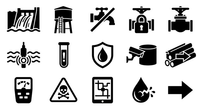 Solid black icons for water infrastructure security and quality monitoring. Dams, reservoirs, and contamination sensors collection. Vector illustration for utility management apps, environmental safet