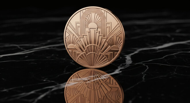 A geometrically patterned Art Deco coin in rose gold, displayed on a polished black marble surface with subtle white veining, reflection visible, elegant and sophisticated, glamorous studio lighting, 
