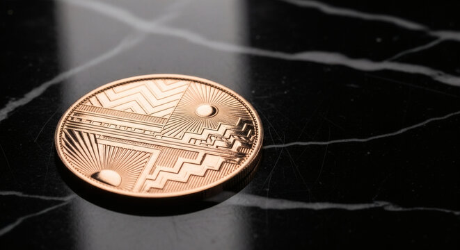A geometrically patterned Art Deco coin in rose gold, displayed on a polished black marble surface with subtle white veining, reflection visible, elegant and sophisticated, glamorous studio lighting, 