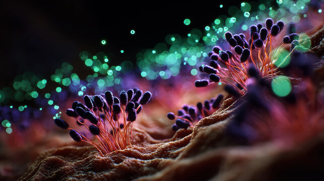 shiga toxin producing escherichia coli attached to intestinal villi in macro 3d microscopic illustration