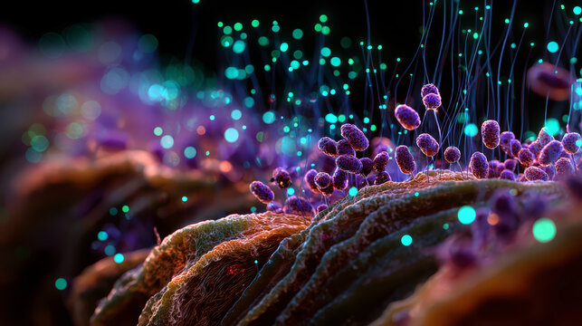 shiga toxin producing escherichia coli attached to intestinal villi in macro 3d microscopic illustration