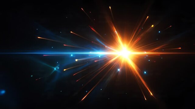 Dynamic light collision with vibrant orange and blue starburst streaks creating an energetic abstract background