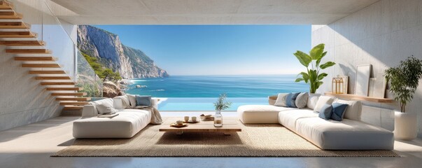 Fototapeta premium Luxury modern living room with panoramic ocean view, infinity pool and minimalist seaside design