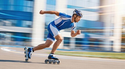 Fototapeta premium A young Caucasian man with short hair is rollerblading on a smooth surface. He wears a blue and white athletic outfit and a helmet, showcasing speed and agility.