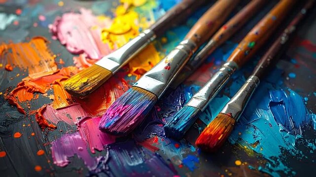 Close-up of paintbrushes with colorful bristles resting on a palette of vibrant oil paints.