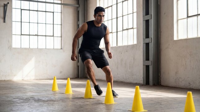 A young Hispanic man performs agility drills in a gym. He wears a black tank top and shorts, navigating around yellow cones on a concrete floor.