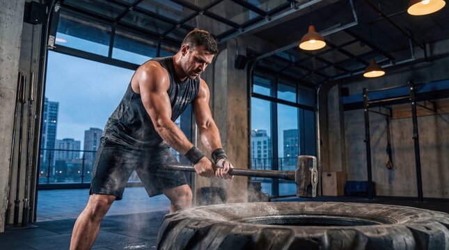 A muscular Caucasian man in a sleeveless shirt exercises in a gym. He swings a hammer down onto a large tire, creating dust in the air.