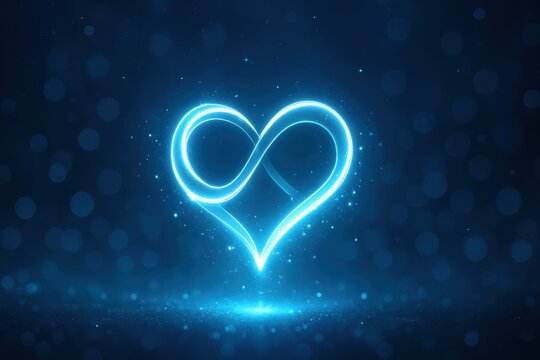 A Stunning Blue Heart Shaped Light Symbolizing Infinite Love and Connection in a Dreamy Abstract Background with Glowing Particles and Bokeh Effects