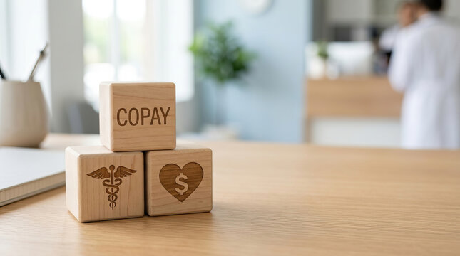 Healthcare copay medical insurance finance cost symbol doctor clinic wooden health payment fee policy budget savings heart money dollar medicine treatment care coverage support office indoor