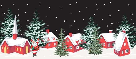 Christmas night landscape, fir tree, church, house, snow, Santa Claus seamless seamless border. Winter village holiday mural. © good_mood