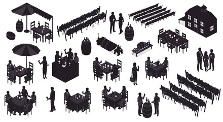 Obraz premium Outdoor dining setup with tables chairs and figures in dark silhouette