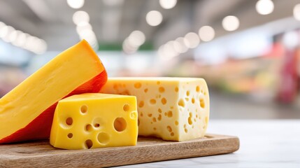Assorted cheese selection on wooden board in grocery store aisle