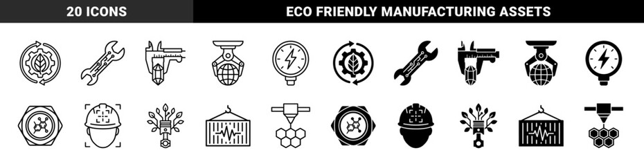 Fototapeta premium Sustainable industrial manufacturing and green technology hybrid icons featuring eco friendly mechanical gears and circuit board tool symbols