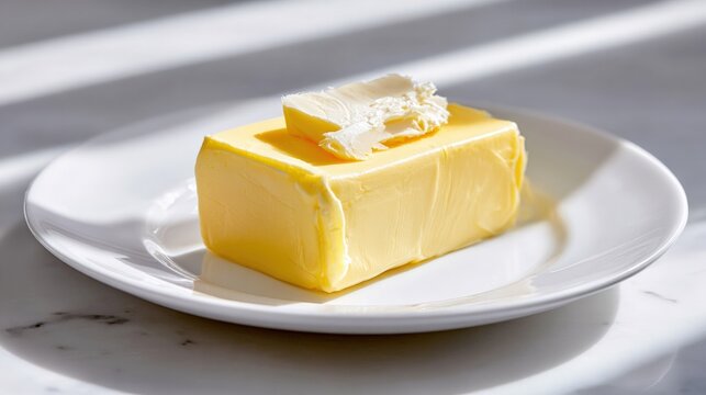 Slab of butter with slice on white plate in natural light