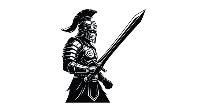 Ancient warrior in full armor wielding a sword dramatic black silhouette