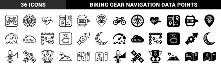 Fototapeta premium Cycling and mountain navigation hybrid icon collection featuring bicycle components merged with map pins compass needles and topographic terrain