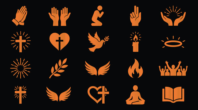 Orange religious icons on black background  praying hands  cross  heart  dove  flame  people  wings  candle  book