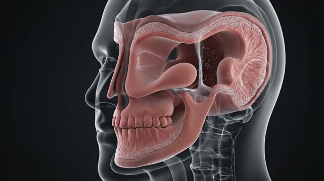 Clean Medical CGI Visualization of Nasal Cavity and Sinuses Inside a Translucent Human Head for Educational Healthcare and Scientific Presentation on a Dark Gray Background