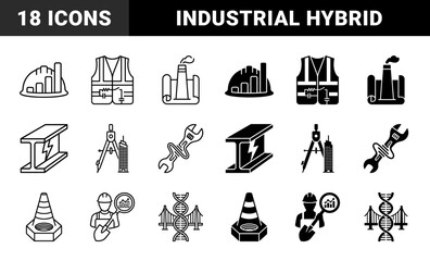 Naklejka premium Hybrid Industrial and Engineering Icon Set Merging Construction Tools with Scientific Data and Energy Symbols in Minimalist Black and White Style