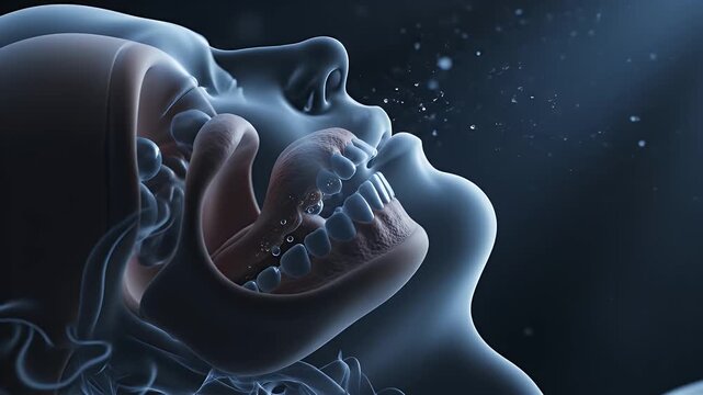 Detailed CGI Depiction of Oral Cavity and Saliva Production Illustrating Dry Mouth Condition with Visible Droplets in a Dark Medical Background for Healthcare Education and Research Presentations