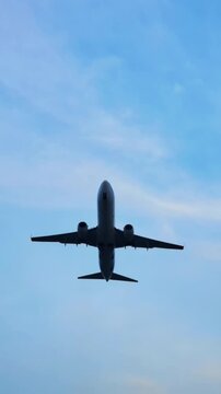 Jet plane taking off and climbing into the sky. 
Flying away airliner. Tourism and travel concept, modern aviation.
