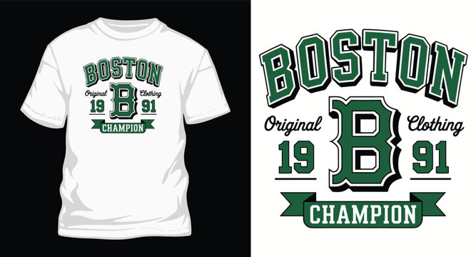 Boston original clothing 1991 champion t-shirt design with block lettering and shield graphic