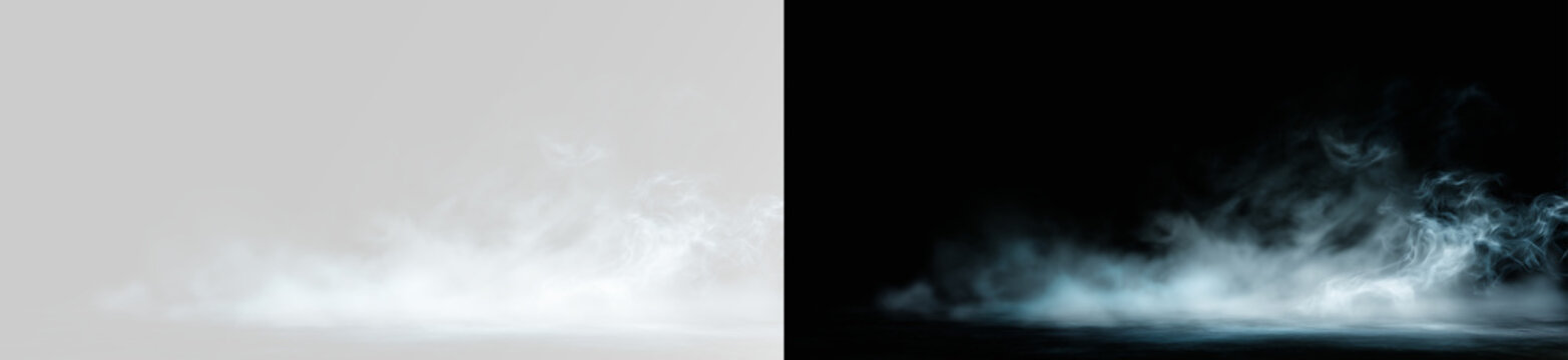 Realistic white smoke fog effect with low laying mist, ideal for cinematic ground atmosphere, mystical floor design or cold winter weather simulation