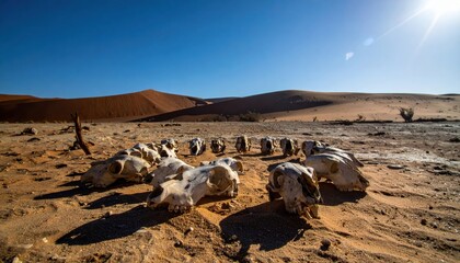 Sun-bleached animal skulls arranged in a deliberate unsettling pattern on a sandy desert floor under a clear blue sky.
