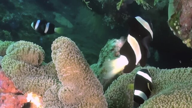 Witness the graceful interaction between Clark's anemonefish and its host anemone. This mesmerizing underwater ballet was filmed in the vibrant depths of the Coral Sea.