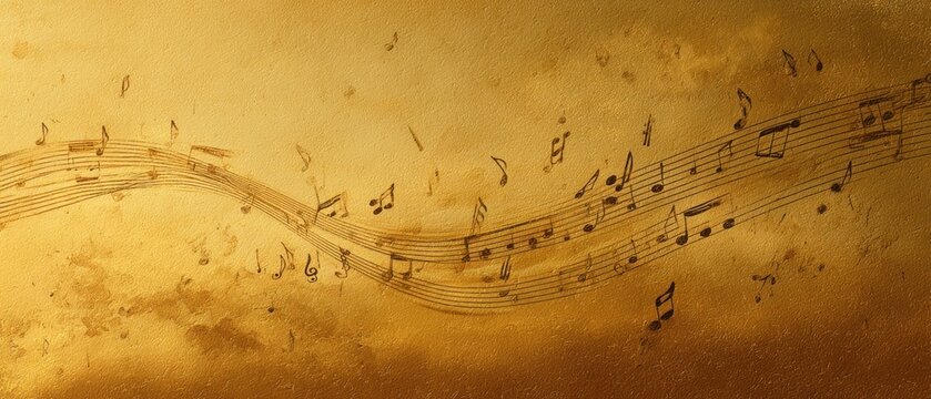 The musical notes on a golden vintage textured background conveying flowing melody and elegant warmth