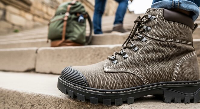 Hiking Boot on Stone Steps with Backpack