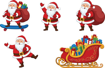 Santa Claus characters collection with gift bag skateboard and sleigh Christmas holiday cartoon flat vector illustration set © EdGe Creative