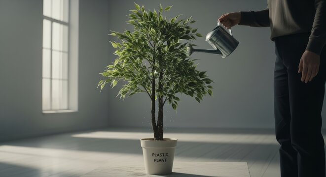 A high-detail conceptual shot of a woman nurturing an artificial plant. A poetic representation of empty rituals, the illusion of growth, and the irony of modern artificial life in a realistic domesti