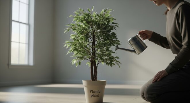 A high-detail conceptual shot of a woman nurturing an artificial plant. A poetic representation of empty rituals, the illusion of growth, and the irony of modern artificial life in a realistic domesti