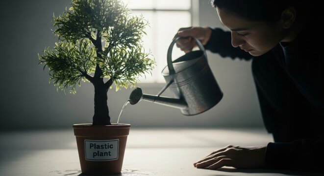 A high-detail conceptual shot of a woman nurturing an artificial plant. A poetic representation of empty rituals, the illusion of growth, and the irony of modern artificial life in a realistic domesti