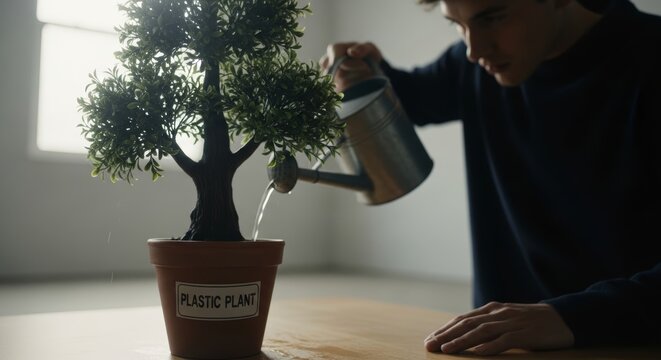 A high-detail conceptual shot of a woman nurturing an artificial plant. A poetic representation of empty rituals, the illusion of growth, and the irony of modern artificial life in a realistic domesti