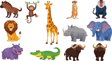 African safari animals collection lion giraffe elephant rhinoceros hippopotamus crocodile monkey cartoon flat vector illustration set © EdGe Creative