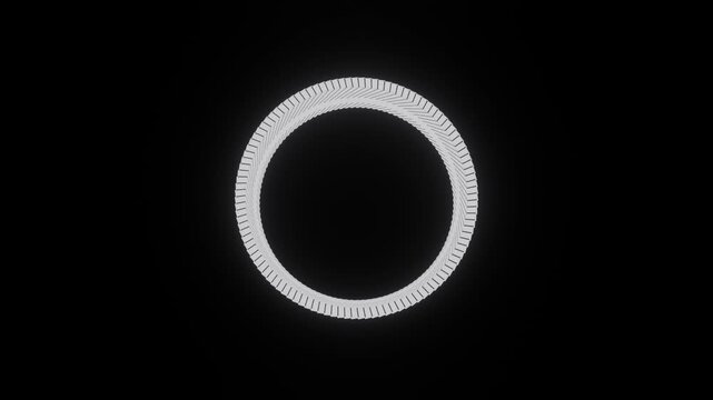 Twisted radial monochrome ring animation with interlocking rotational slats forming optical spiral