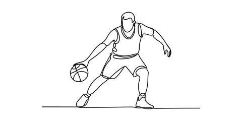 A continuous line drawing illustration of a basketball player dribbling the ball on a white background Vector, illustration