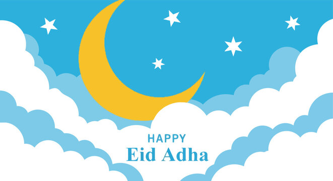 Blue sky crescent moon Happy Eid Adha card isolated white background

