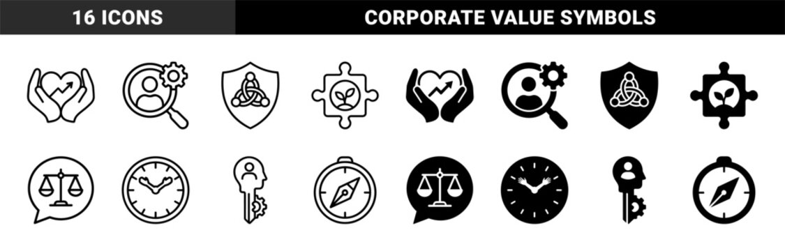 Hybrid Business Strategy and Growth Iconography Featuring Conceptual Symbols for Ethics Leadership Protection and Strategic Direction in Outline and Solid Styles