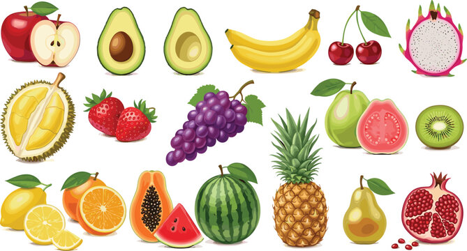 Tropical fruits collection apple banana avocado pineapple watermelon papaya grape strawberry flat vector illustration set isolated