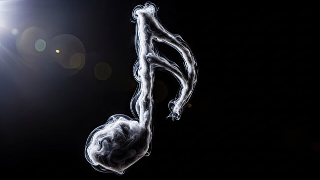 A glowing silver eighth note musical symbol in a dark background