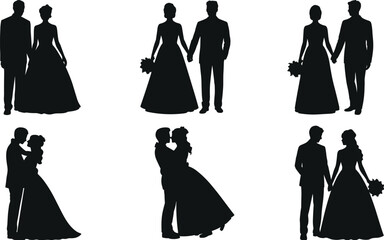 PrintRomantic silhouettes of six wedding couples in elegant gowns and suits, showcasing diverse poses with bouquets, perfect for invitations, decorations, and matrimonial design projects.